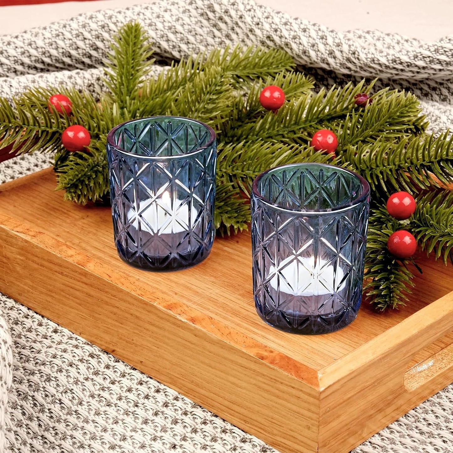 48pcs Blue Votive Tealight Candle Holders, Glass Tea Light Candle Holders for Table Centerpieces, Candle Holder for Wedding Decor, Gift, Home Decoration（Blue,48）