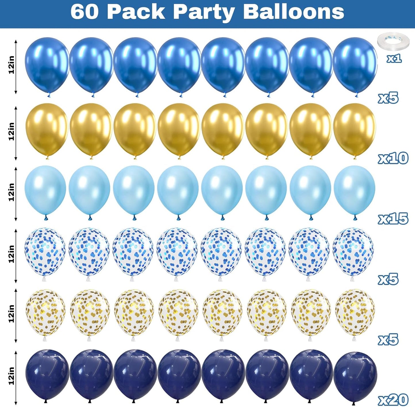 Blue and Gold Balloons, 60Pcs 12Inch Navy Pearl Party Balloons With Metallic Helium Balloon Confetti Latex Set for Boys Birthday Baby Shower Christening Decorations