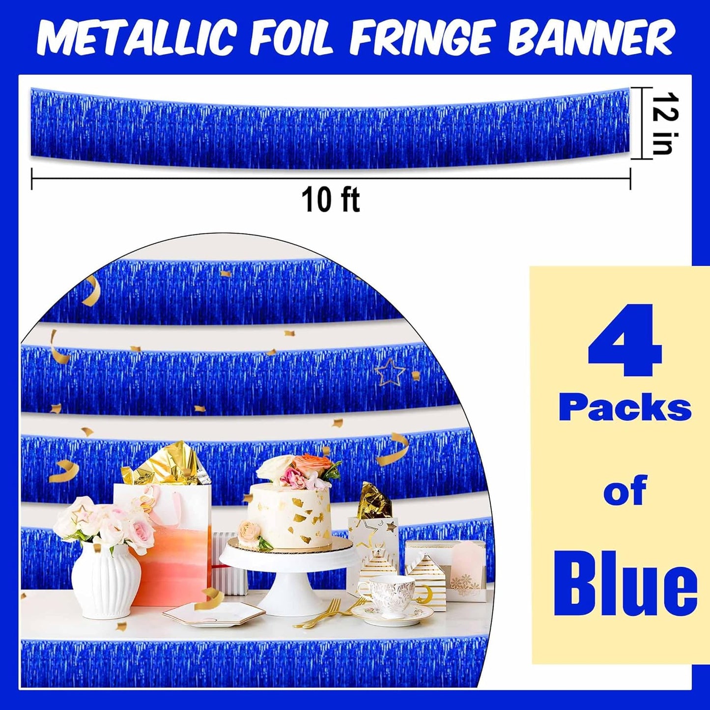 4 Pack 10 Ft Blue Foil Fringe Garland Metallic Streamers Tinsel Banner Wall Hanging Garland Backdrop for Parade Floats, Halloween, Christmas, Thanksgiving, New Year Party Decorations