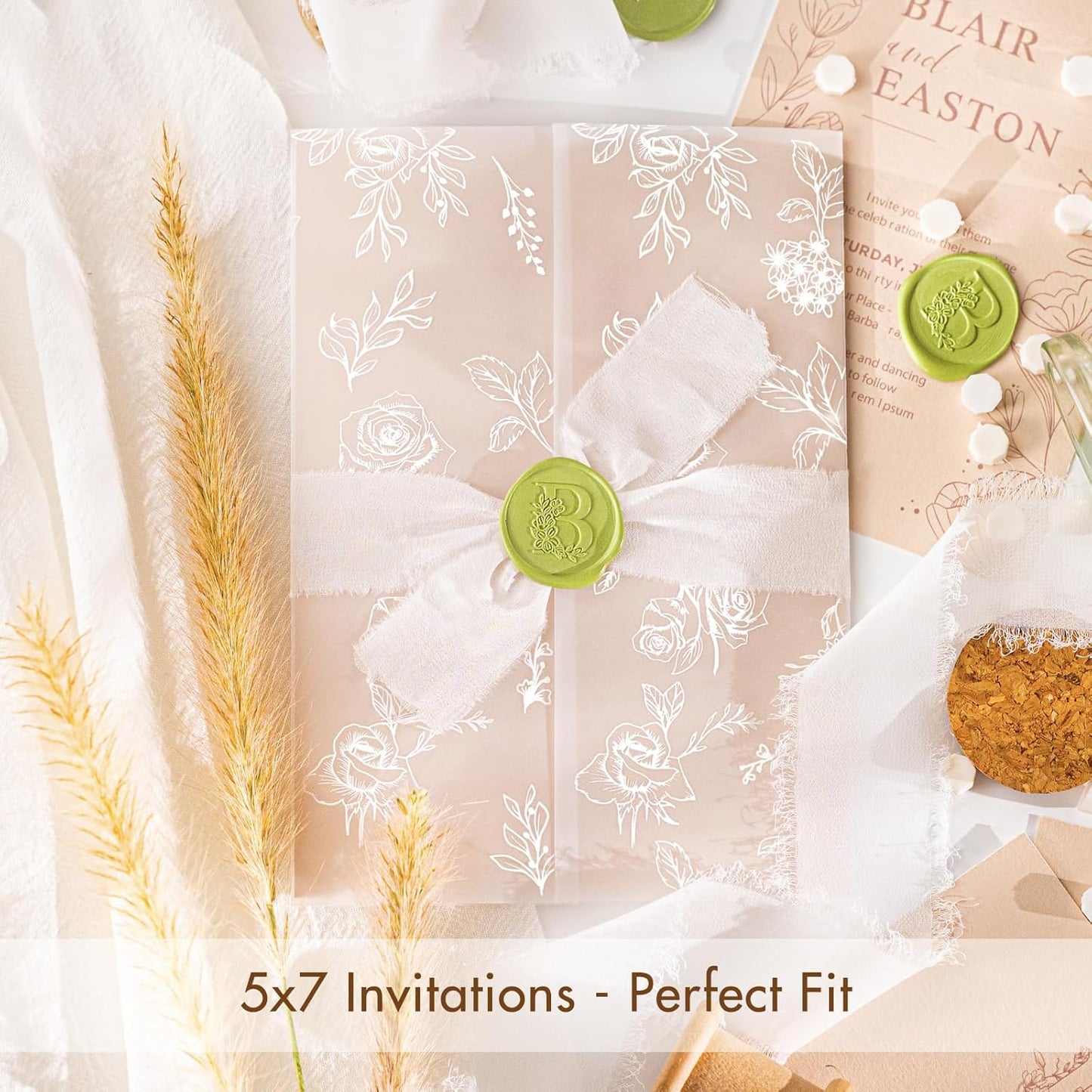 50 Pack Pre-Folded Vellum Jackets for 5x7 Invitations,AZAZA Translucent Invitation Sleeves,115GSM Vellum Jackets 5x7, Wedding Invitation Accessories,for Weddings Birthdays,Botanical Flower Pattern