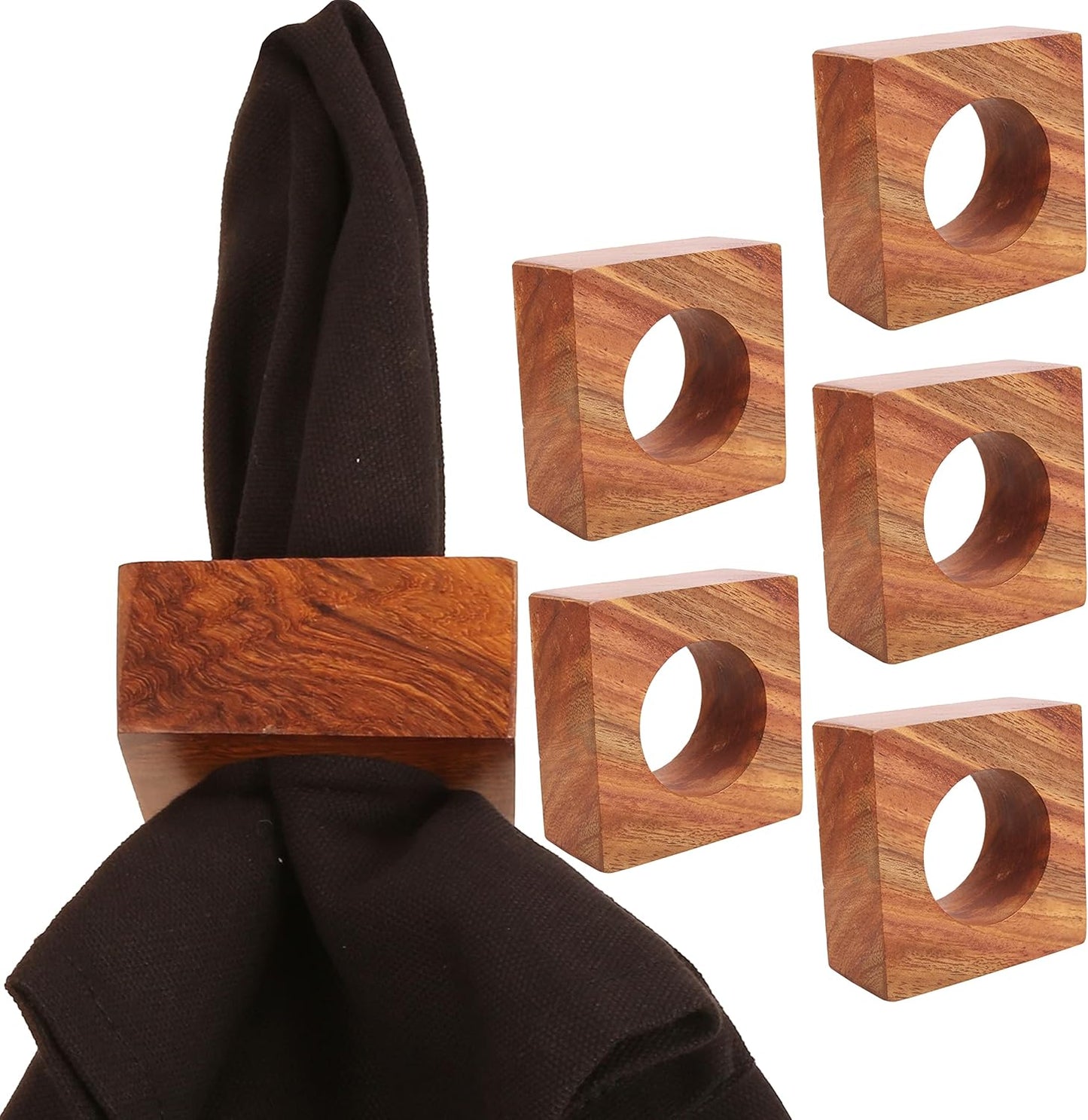 Finely Handcrafted Natural Wood Square Shape Large Size Party Dining Table Napkin Holders in Natural Tone. (Set of 6).