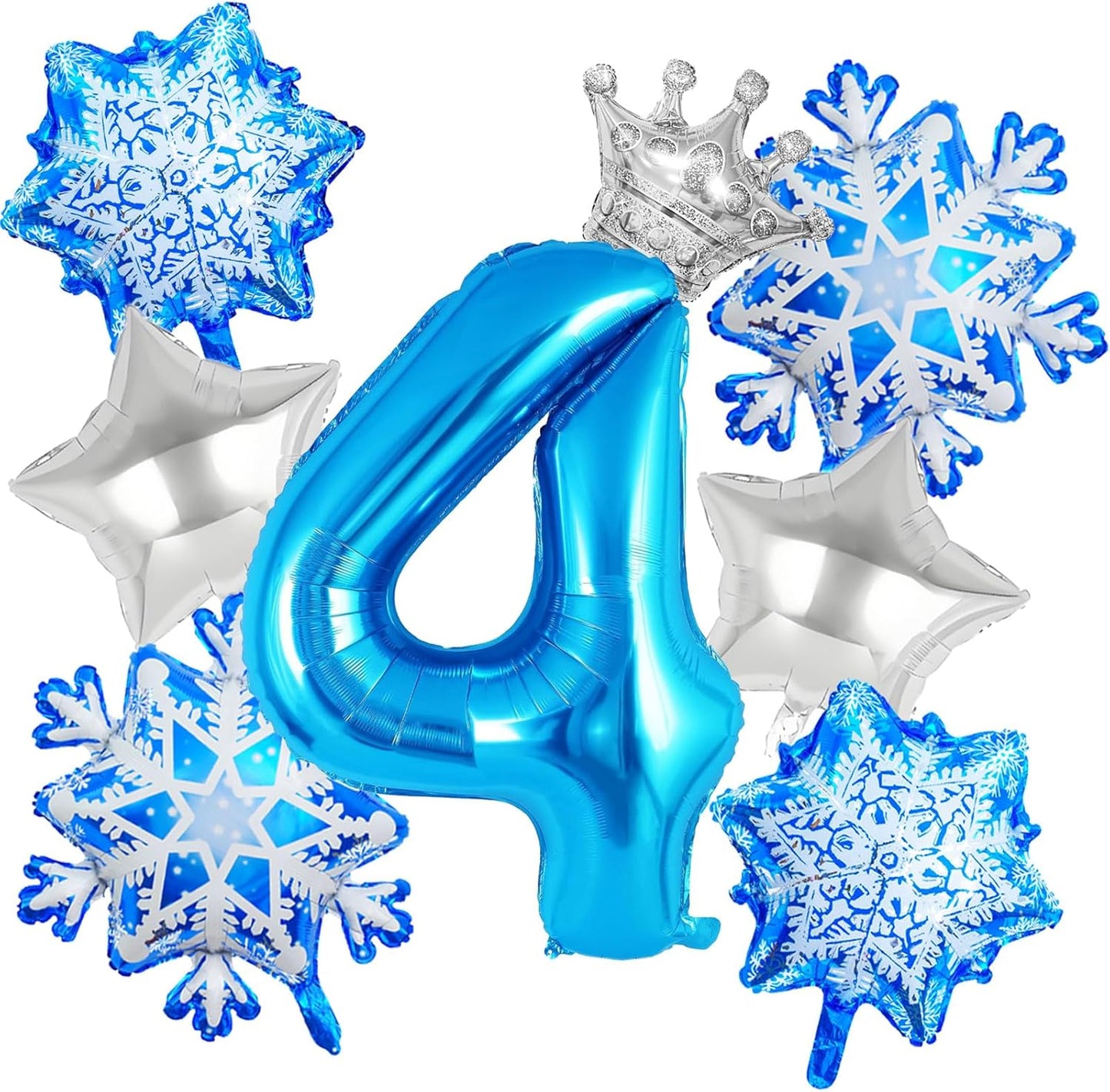 8Pcs Winter Wonderland Decorations - 40inch Blue Number 4 Balloons - Crown Balloons for Winter Wonderland Party Decorations - Birthday Decoration