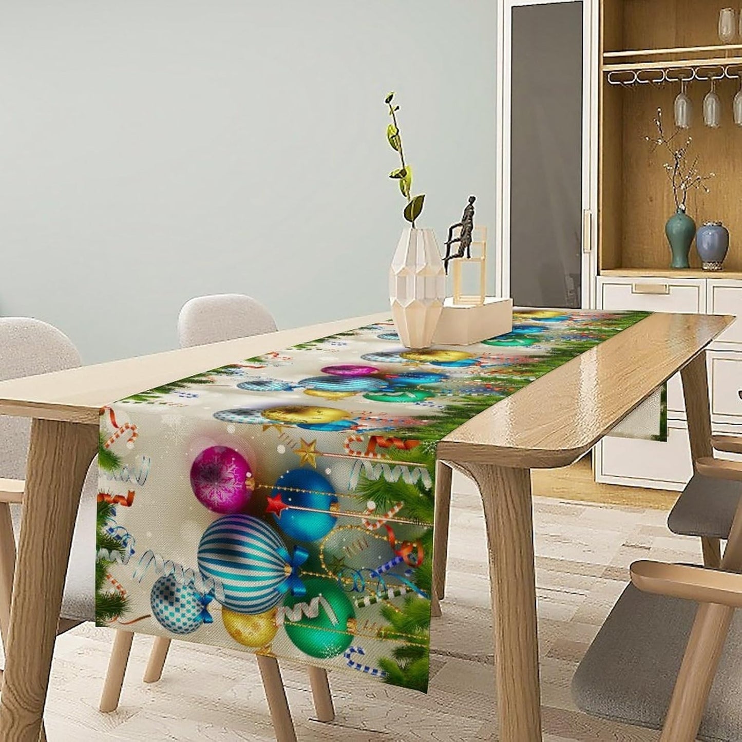 Christmas Table Runner,Colorful Balls Xmas Tree Snowflake Pattern Print Tablecloth Burlap for Hotel Indoors Outdoor Dining Room Kitchen Home Decor,W13X L90 in