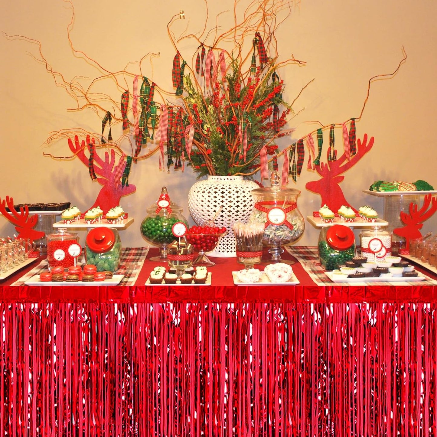 3 Pack 29 x108 Inch Red Foil Fringe Table Skirts Metallic Banner for Tinsel Streamer Garland Backdrop for Parade Floats Wedding Thanksgiving Birthday Christmas Halloween New Year Party Decoration