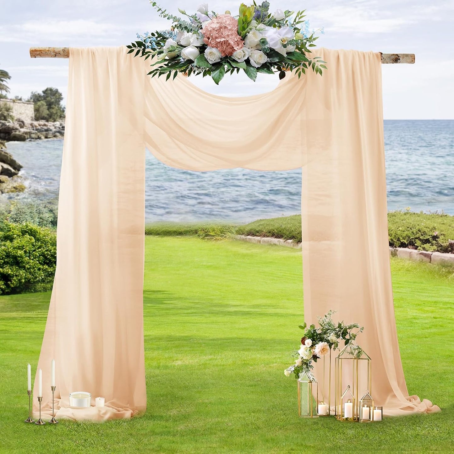 SiinvdaBZX 4 Panels Wedding Arch Draping Fabric 30" x 20Ft Champagne Sheer Chiffon Fabric Outdoor Extra Long Decorative Drapery for Party Ceremony Ceiling Curtain Backdrop
