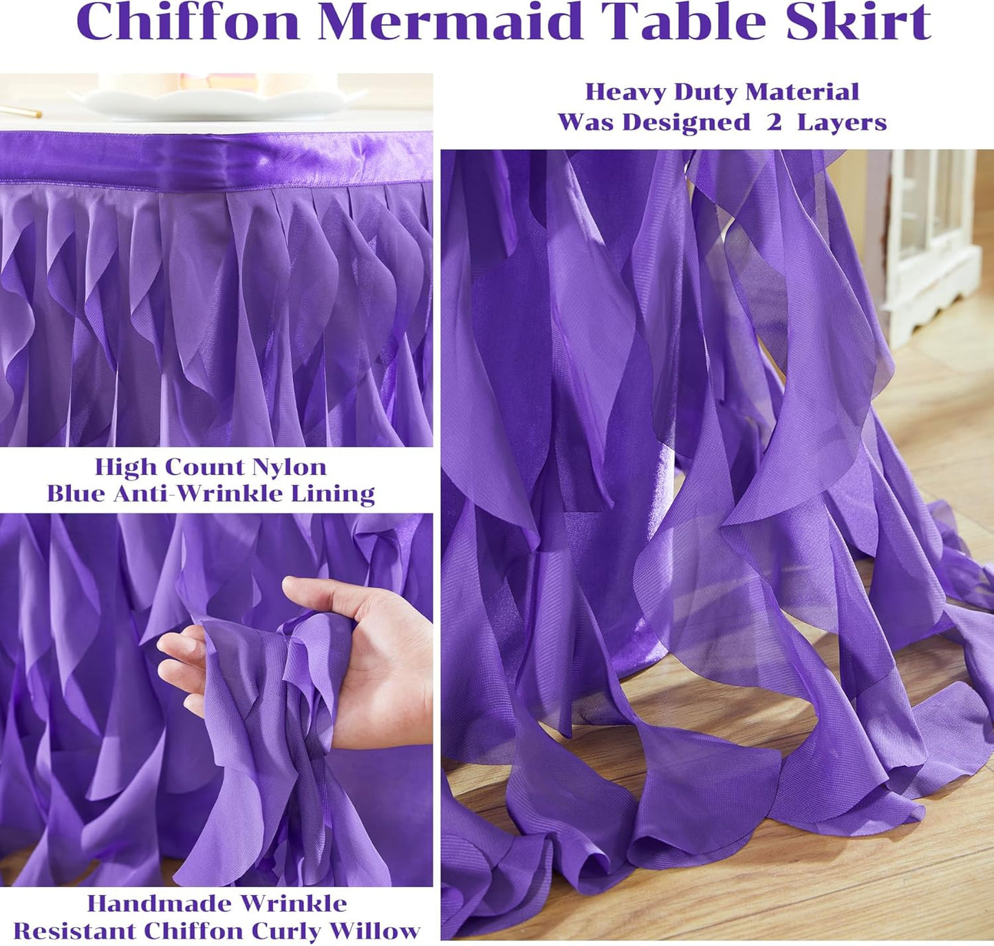 Partisky Mermaid Purple Tulle Curly Willow Table Skirt for Rectangle Table 6ft, Ruffle Tutu Table Cloth for Girls Boys Baby Shower,Mermaid Birthday Party