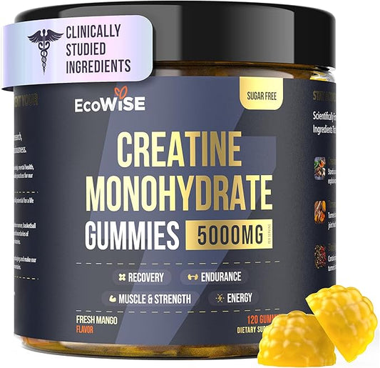 Creatine Monohydrate Gummies 5000 mg, Fresh Mango Flavor, 120 Sugar-Free Vegan Chews, Creatine Supplement for Daily Routine