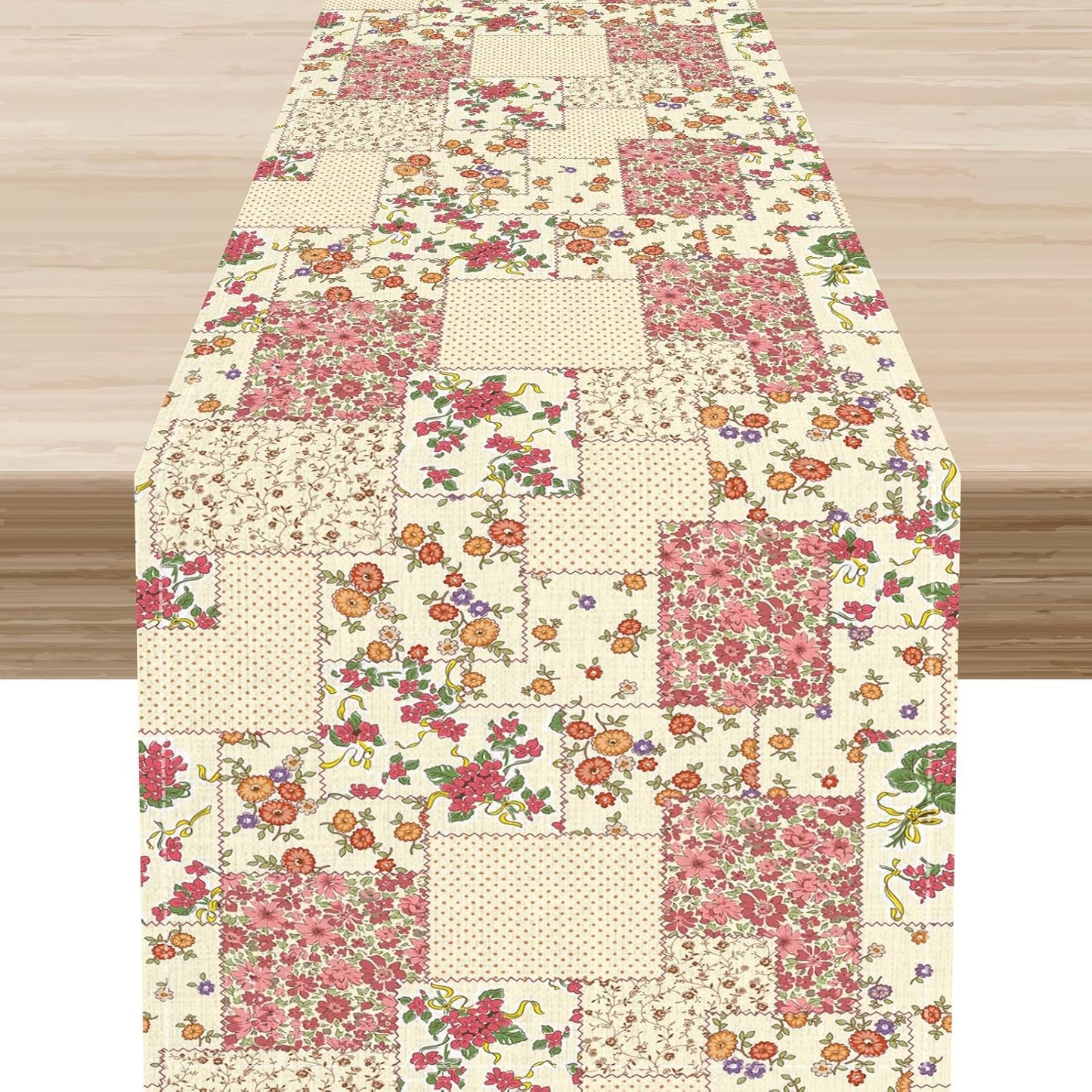 Patchwork Table Runner, Boho Vintage Pink Wildflowers Bohemian Paisley Flower Farmhouse Table Center Decor for Home Kitchen Dining Patio Holiday Party Indoor Outdoor Table Decorations, 13"x108" Inch