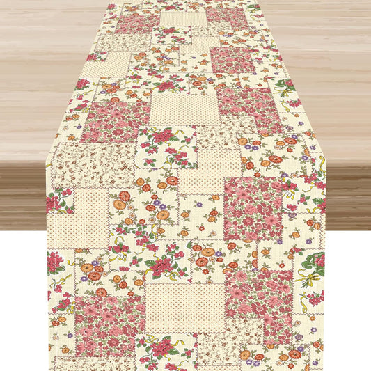 Patchwork Table Runner, Boho Vintage Pink Wildflowers Bohemian Paisley Flower Farmhouse Table Center Decor for Home Kitchen Dining Patio Holiday Party Indoor Outdoor Table Decorations, 13"x108" Inch