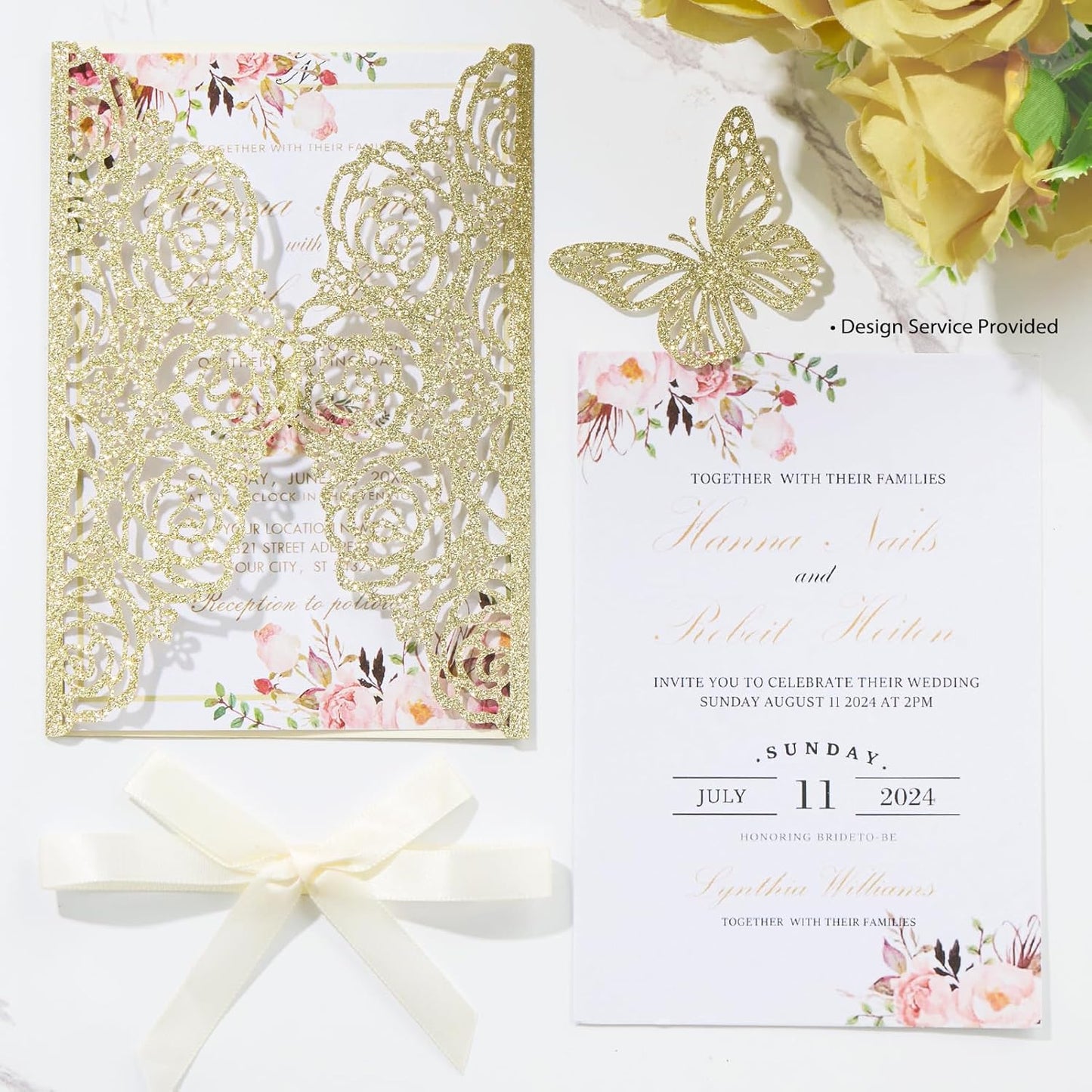 50PCS Gold Glitter Laser Cut Wedding Invitation with Butterfly Ribbons Hollow Rose Shape Wedding Invitations with Envelopes and Rsvp Cards for Wedding Bridal Shower QuinceañEra Engagement