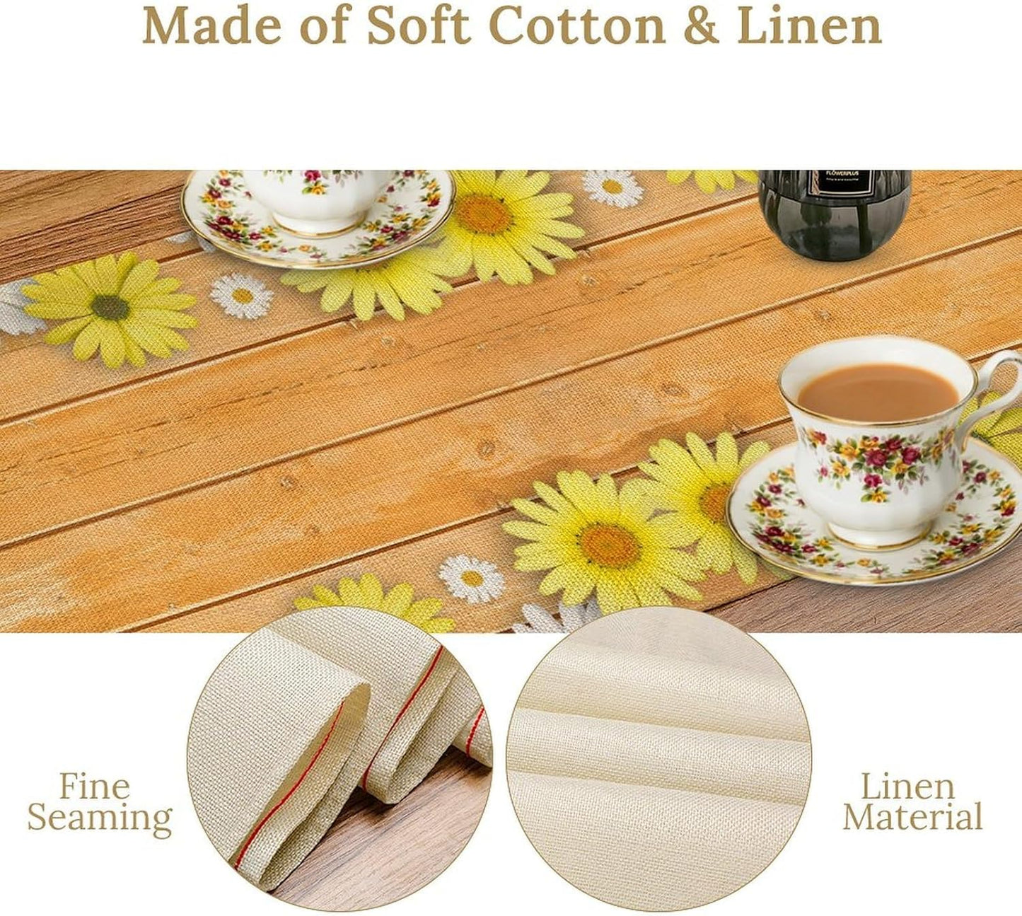 Farmhouse Floral Table Runner, Spring Seasonal Yellow Daisy Sunflower Retro Wooden Country Table Center Decor for Home Kitchen Dining Patio Holiday Party Table Decorations, 13"x90" Inch