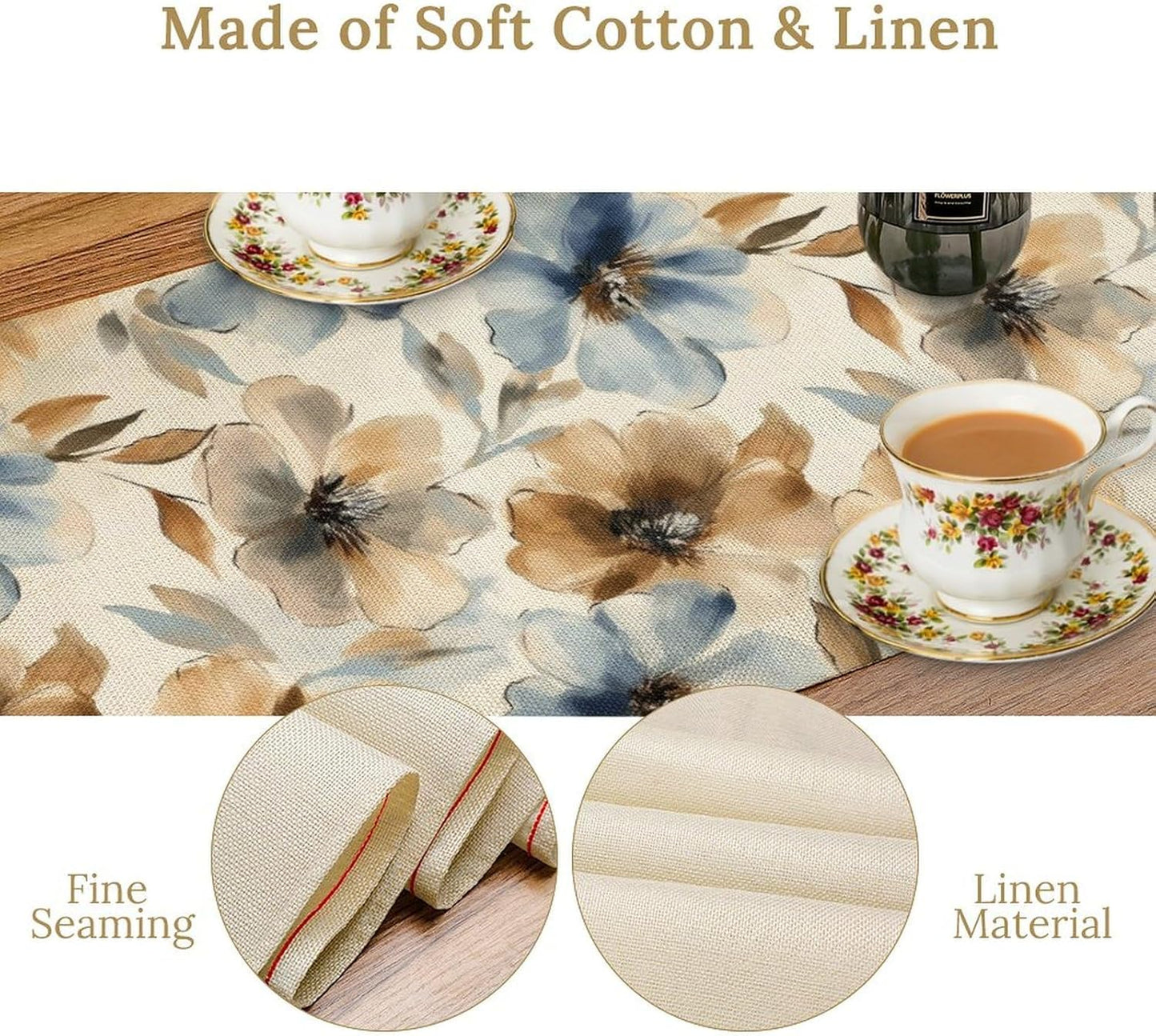 Poppy Floral Table Runner, Watercolor Brown Blue Flowers Blossom Summer Nature Table Runner for Kitchen Dinning Table Runner Decor Home Wedding Party Holiday, 13x108 Inch