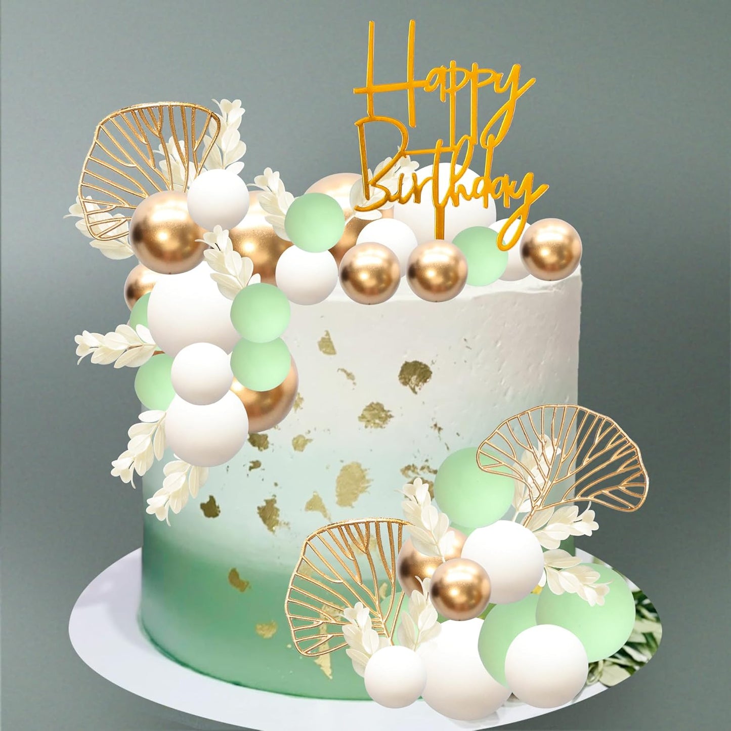 Gyufise 57Pcs Balls Cake Topper Boho Grass Cake topper Pearl Balls Acrylic Happy Birthday Cake Decorations for Wedding Baby Shower Birthday Boho Themed Party Supplies Green