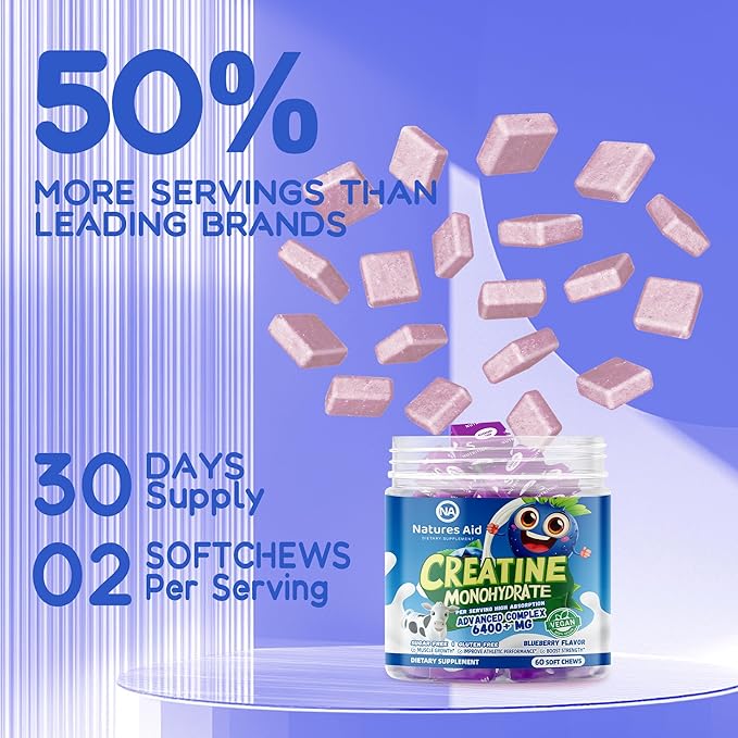 Creatine Monohydrate Chews Complex for Men & Women -Advanced Formula W/L-Taurine + Vitamin B12, Sugar Free Chewable Supplement,60 Blueberry Softchews