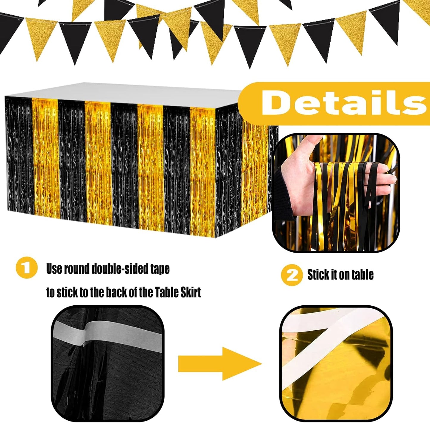 4 Pack 29x108 Inch Metallic Foil Fringe Tinsel Table Skirts for Rectangle Tables Streamer Backdrop for Wedding, Birthday, Parade Floats, Christmas, Halloween Party Decoration(Black Gold)