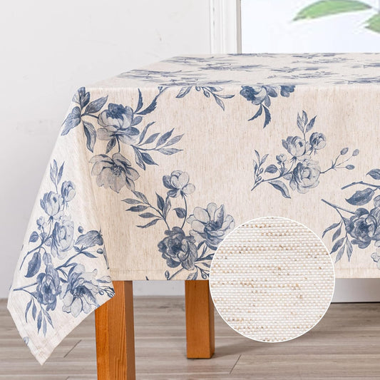 MYSKY HOME Rectangle 60x84 Inches, Tablecloth Linen Farmhouse Tablecloth Waterproof Decorative Grey Fabric Table Cloth for Kitchen Dining Floral Tablecloth for 8 Feet Table Blue Flower Tablecloth