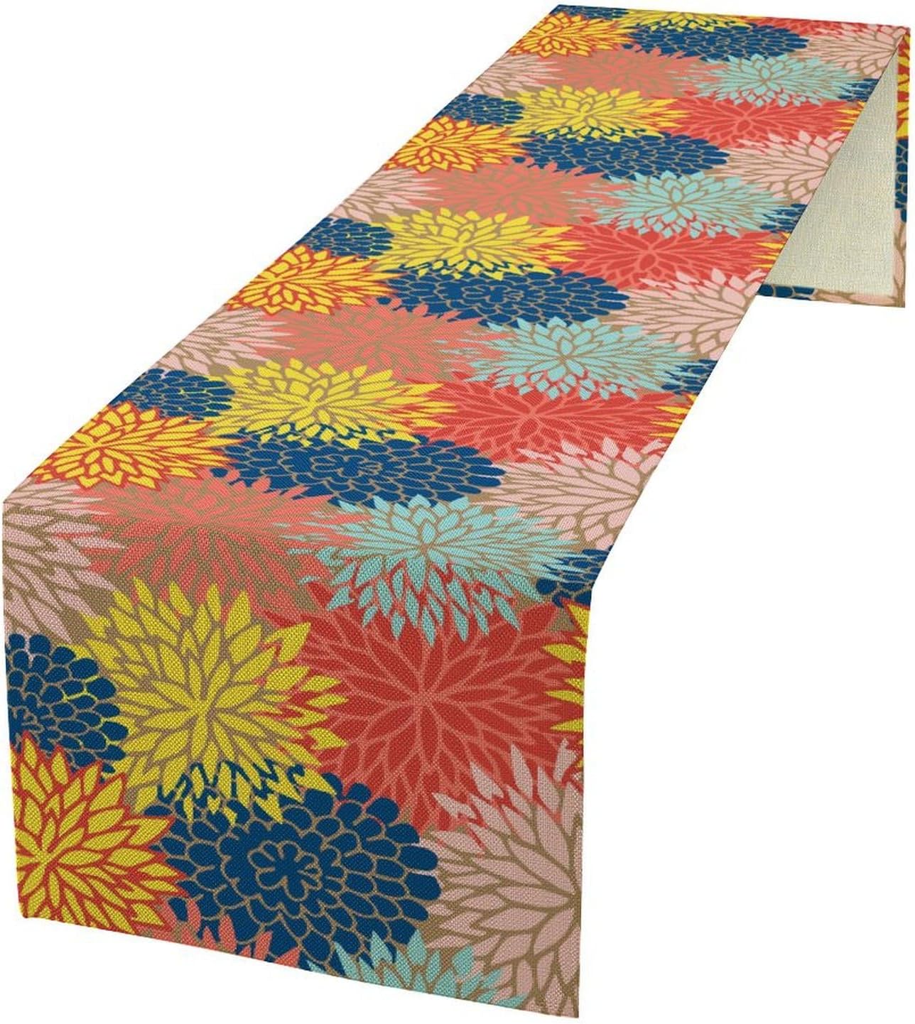Dahlia Flowers Table Runner Colorful Floral Teal Grey Pink Yellow Blue Abstract Table Runner Kitchen Dining Party Decor Living Room, 13x108 Inch