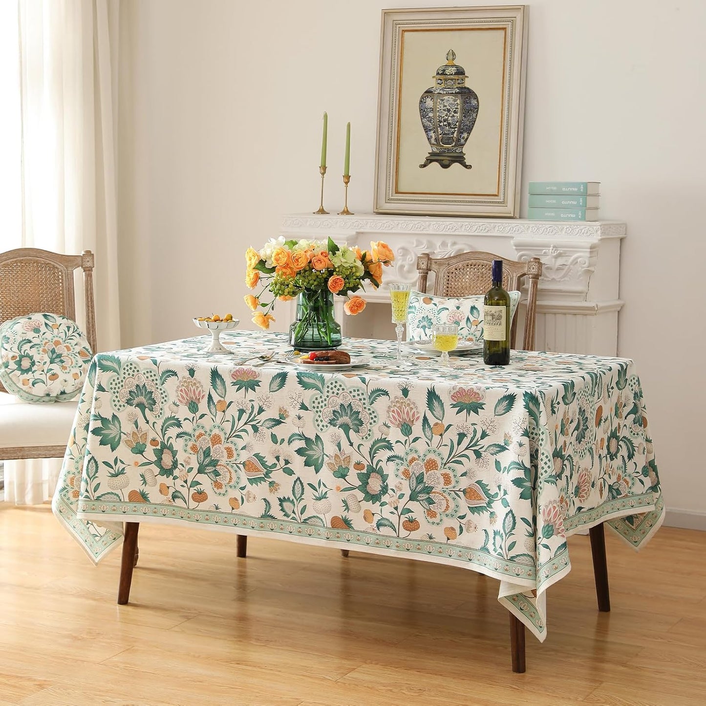 patdrea Designer Green Square Table Cloth,Vintage Italian Floral Durable Tablecloth,Country Linen Wrinkle Free Cover for Kitchen Dining,Christmas,Thanksgiving,Tea Party,67"x67"-Tree Life