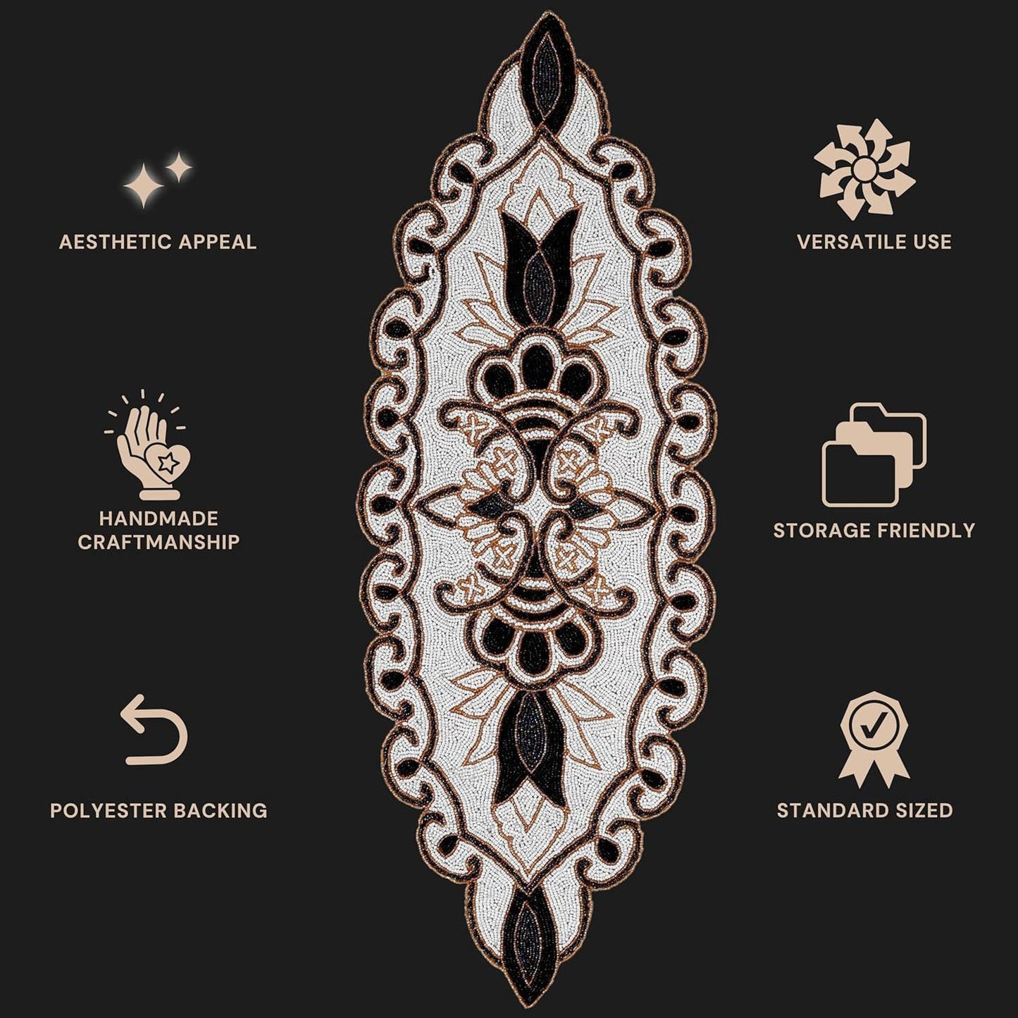 36" Decorative Beaded Table Runner - Handcrafted Floral Design with Durable Polyester Backing for Dining, Coffee Table & Special Occasions (Black White Brown) - CLEENTABLE