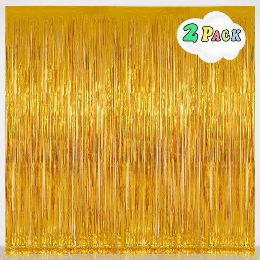 Gold Tinsel Backdrop Party Decorations, Melsan 3.2 x 8 ft Foil Fringe Curtains for Birthday, Anniversary, Graduation, New Year Eve, Pack of 2