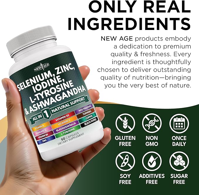 NEW AGE Selenium, Zinc, Iodine, L Tyrosine, Ashwagandha - Supplement for Women and Men with Bladderwrack, Turmeric, Silica Kelp, Schisandra - 120 Count