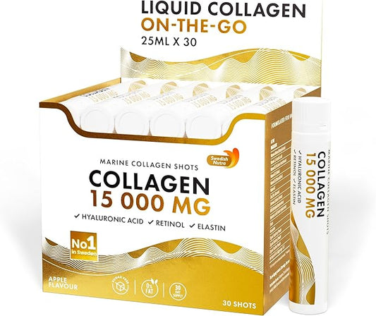 Swedish Nutra - Liquid Marine Collagen 15,000mg - 30 Shots I Hydrolyzed Collagen Peptides (Type I & III) I Hyaluronic Acid, Biotin, Vitamin C Sugar Free- 30 Day Supply