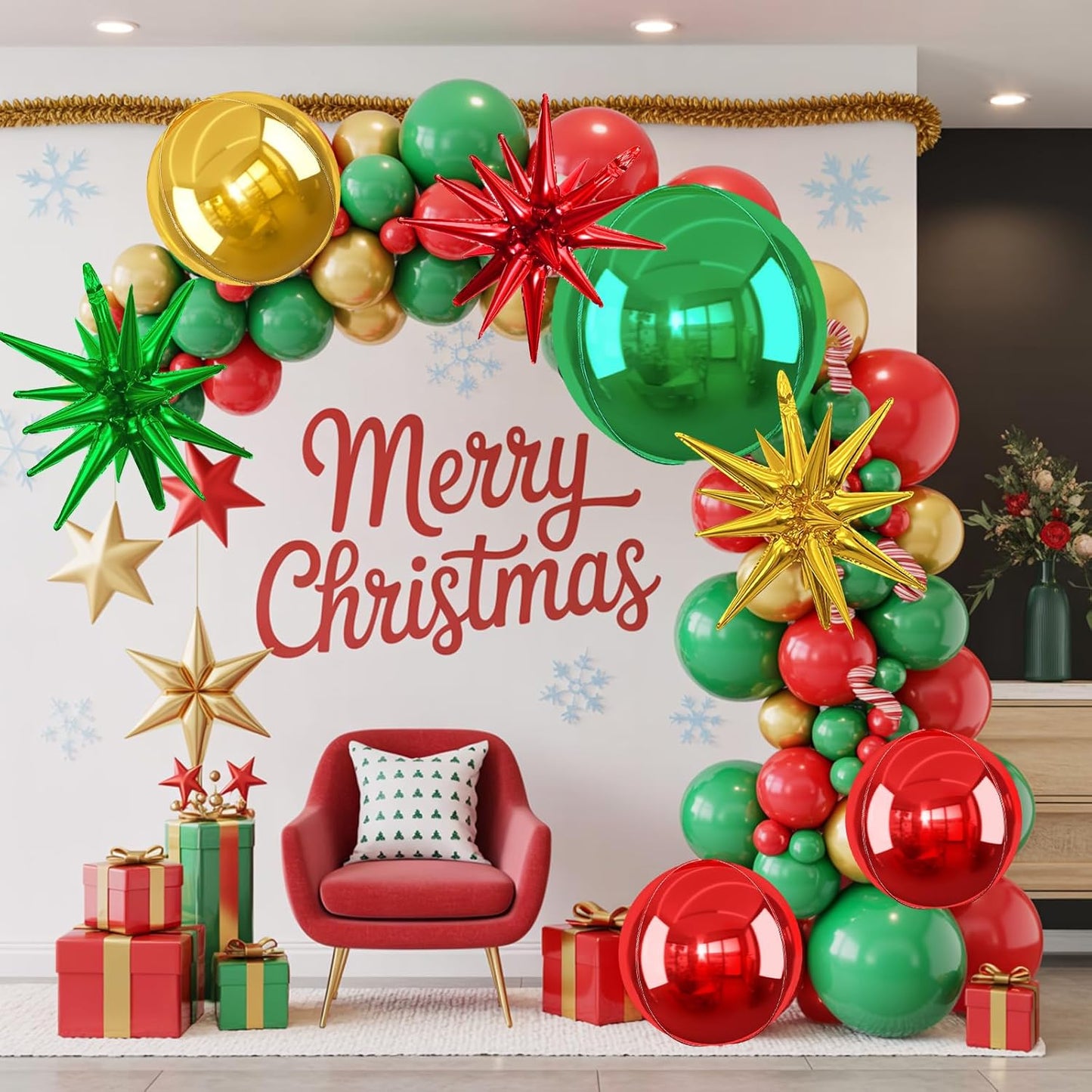 6Pcs Red Green Gold Foil Balloons,22Inch Green Red Gold 4D Round Ball Balloon and Explosion Star Balloon for Christmas Birthday Wedding Baby Shower Anniversary Party Decorations