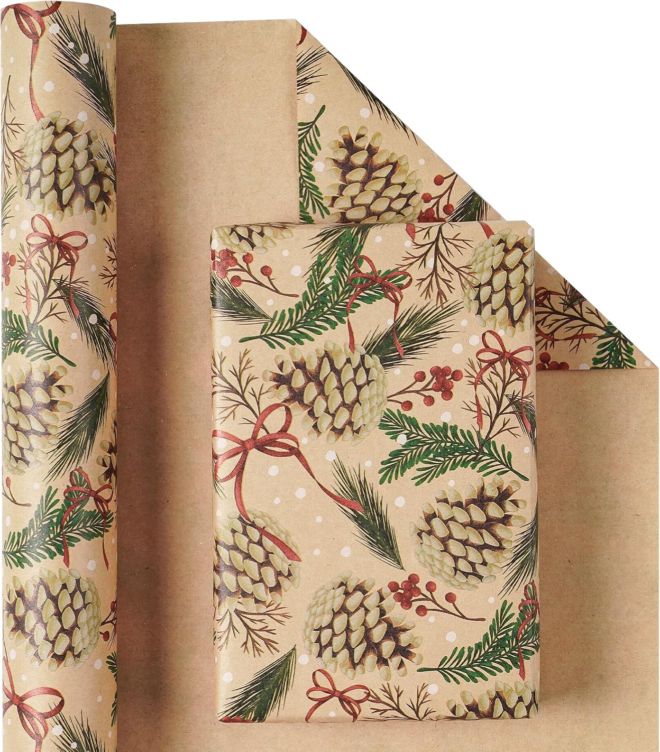 RUSPEPA Kraft Christmas Wrapping Paper Roll, Mini Roll, Pinecone and Greenery Design with Red Bow and Snowflake, Kraft Gift Wrap Paper for Christmas, Holiday, Winter Party, 17 Inches x 16.4 Feet