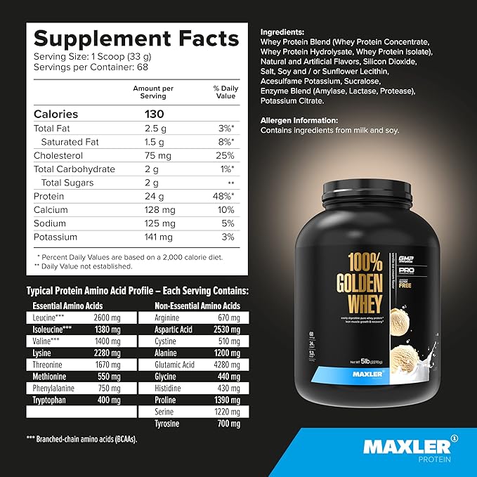 Maxler 100% Golden Whey Protein - 24g of Protein per Serving - Premium Whey Protein Powder for Pre Post Workout - Fast-Absorbing Whey Concentrate, Isolate & Hydrolysate Blend - Vanilla Ice Cream 5 lb