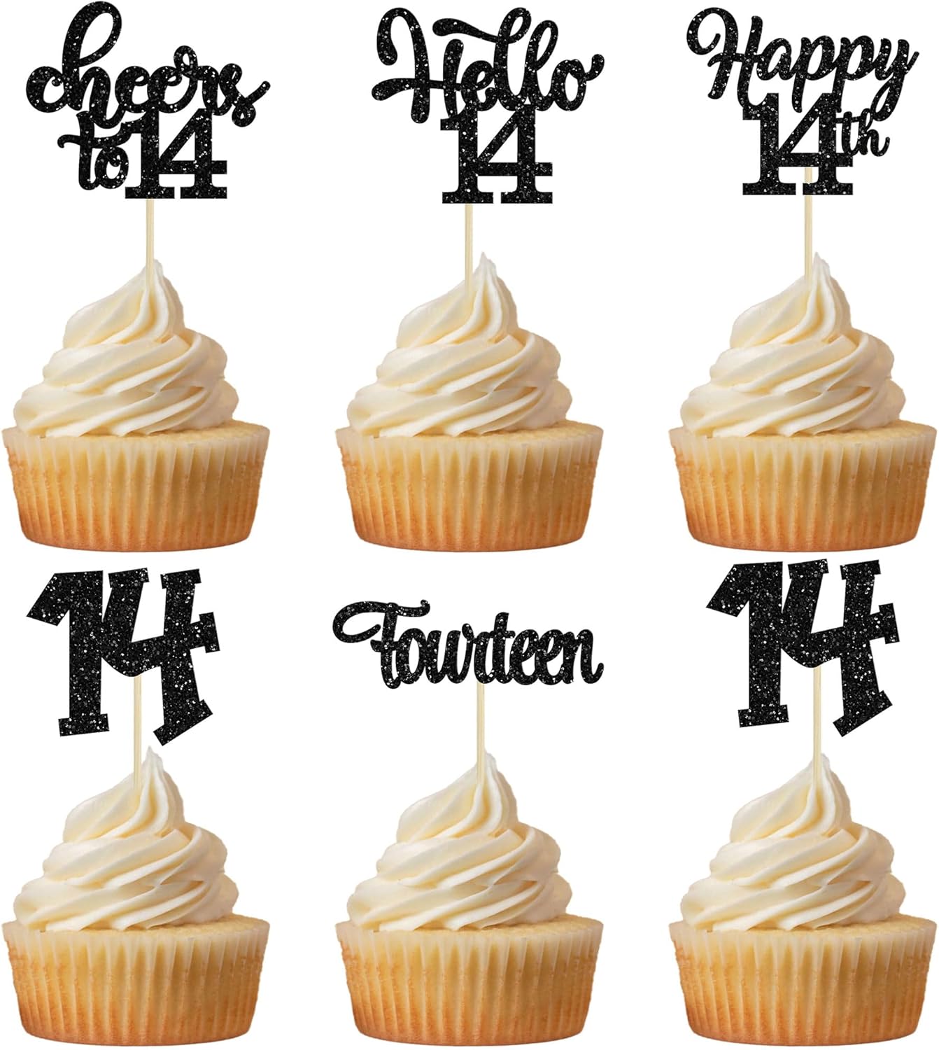 30Pcs 14th Birthday Cupcake Toppers Hello 14 Cupcake Picks Fourteen Cheers to 14 Years Old Cake Decorations for 14th Birthday Anniversary Party Supplies Black Glitter