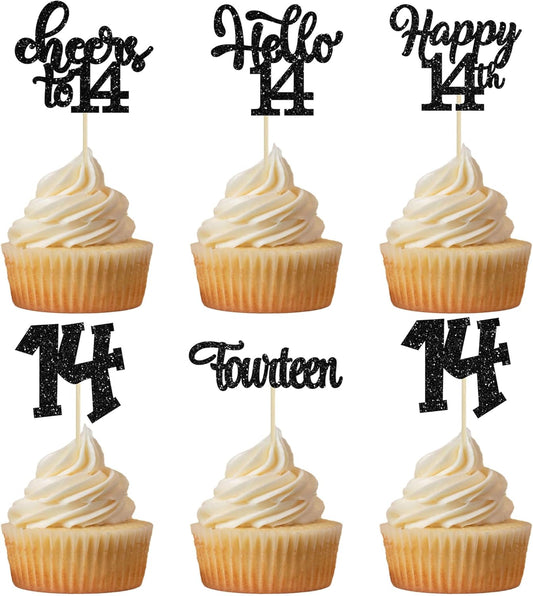 30Pcs 14th Birthday Cupcake Toppers Hello 14 Cupcake Picks Fourteen Cheers to 14 Years Old Cake Decorations for 14th Birthday Anniversary Party Supplies Black Glitter