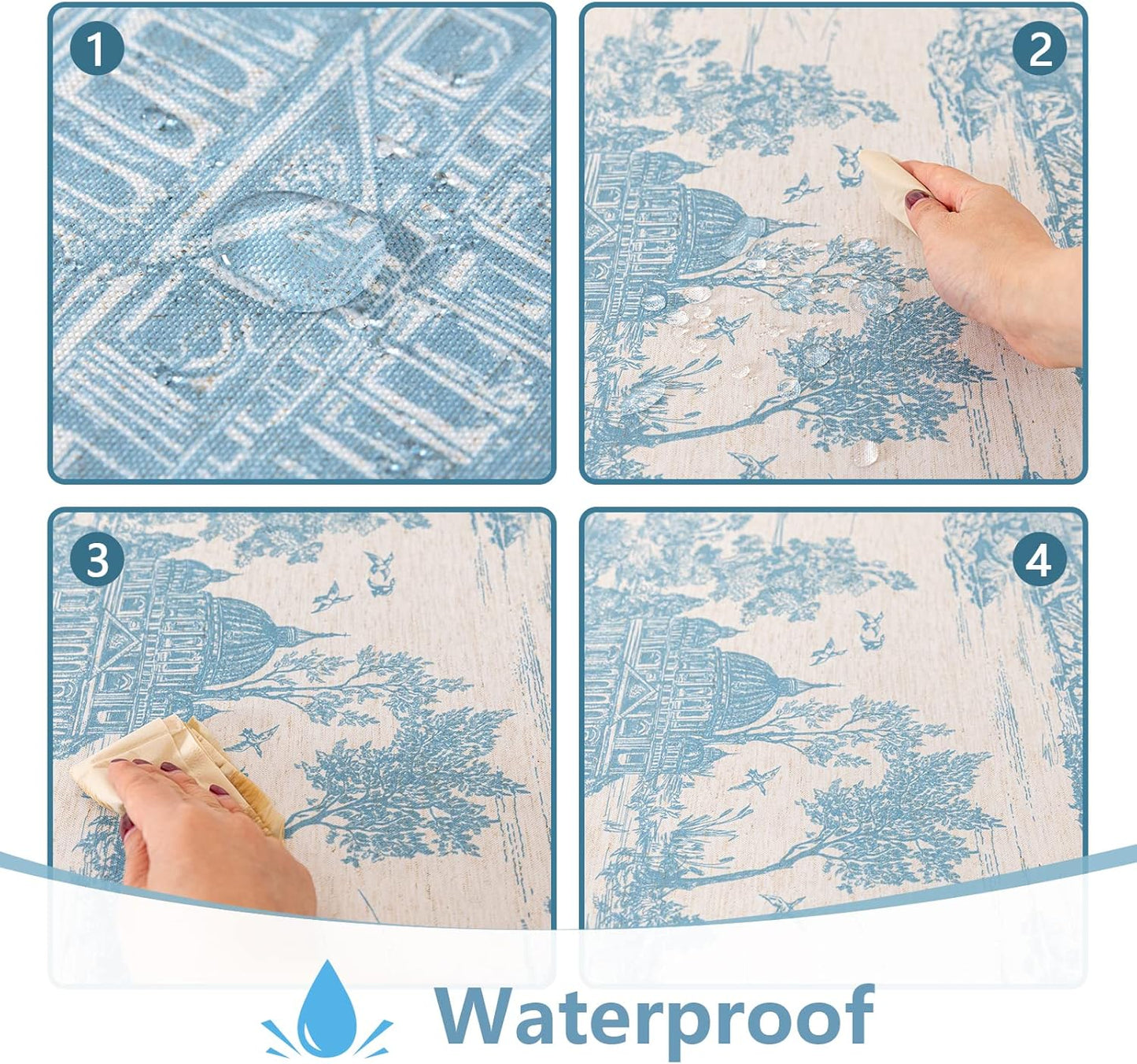 MYSKY HOME Linen Vintage Rectangle Tablecloth 60x120 Inches, Blue Castle Print Table Cloth for Dining Table I Tabletop I Parties/Outdoor I Spring/Summer Waterproof Fabric Farmhouse Tablecloth