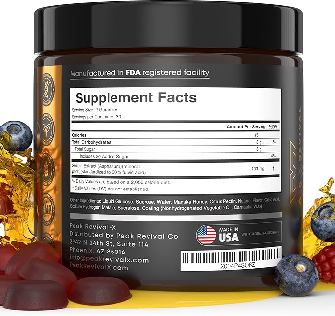 Peak Revival Shilajit Gummies with Manuka Honey, Mixed Berry Flavor, 60 Count, 100mg per Serving, 30 Servings