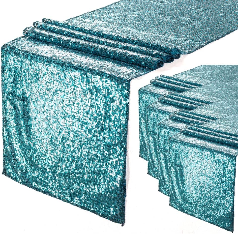 Eternal Beauty Teal Table Runner , 5PCS-12X108 Sequin Table Runner Decorations for Birthday Parties, Banquets, Graduations,Christmas