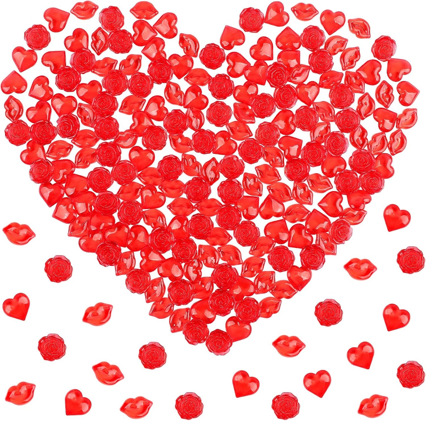 Fangoo 180PCS Red Acrylic Heart Ornaments Mini Acrylic Heart Rose Flower Lips Gems for Valentine Vase Filler Decor for Table Scatter Engagement Valentine's Day Wedding Anniversary Party（Red 12oz）