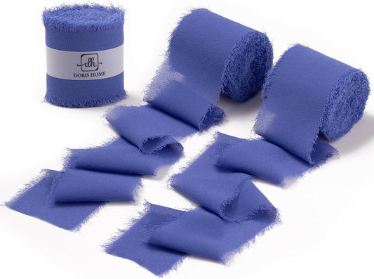 DORIS HOME Electric Blue Chiffon Ribbon for Flower Bouquet, 2" x21Yd Fabric Ribbon for Gift Wrapping, Handmade Frayed Ribbon for Wedding, Chiffon Silk Ribbon for Christmas Decorations
