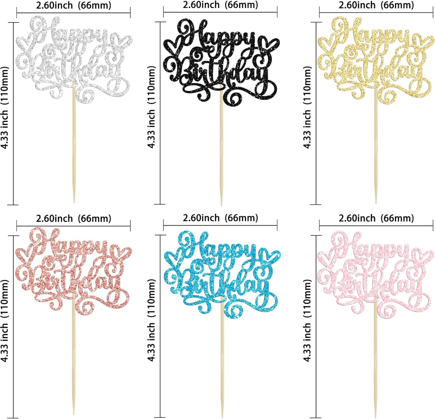 Gyufise 24Pcs Happy Birthday Cupcake Toppers Glitter Happy Birthday Cupcake Picks for Celebrating Happy Birthday Anniversary Theme Party Cake Decorations Supplies Black Pink Blue