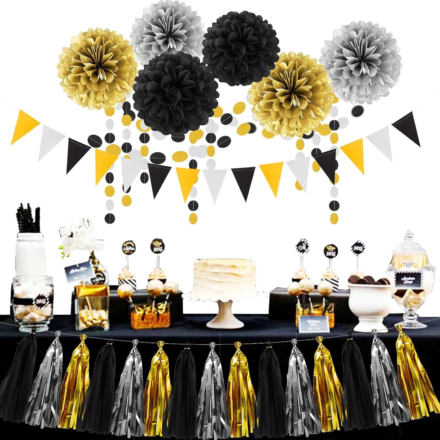 Silver Black Gold Party Decorations - 23pcs Tissue Paper Flowers Pom Poms Tassel Garland Pennant Banner Flags Streamers Birthday New Years Eve Retirement Graduation Classroom Hanging Decor Supplies