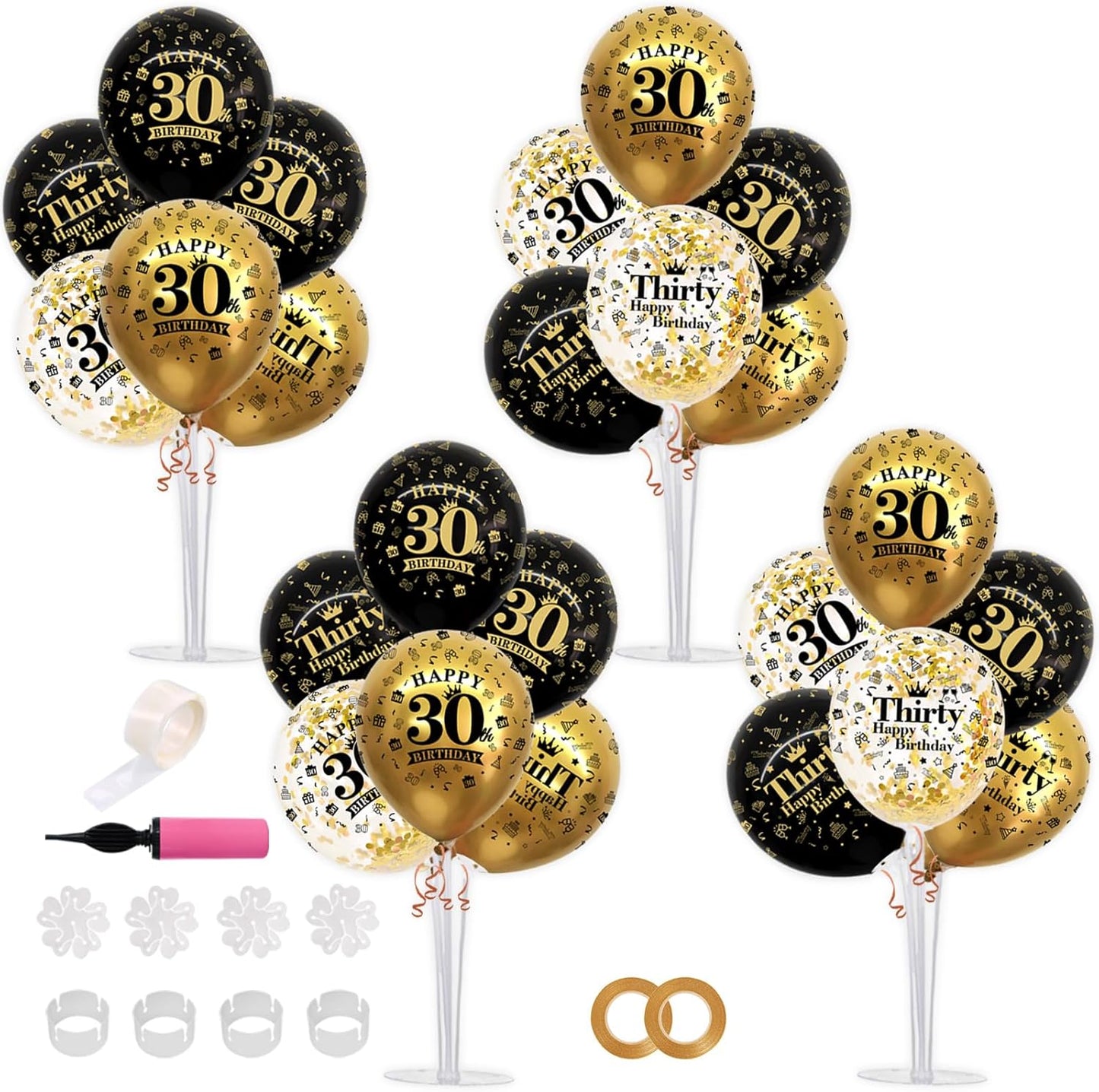 TONIFUL 4 Set Black Gold Balloon Stand Kit for Birthday Decorations for 30th,Balloon Centerpieces for Table Party Decorations Cheers to 30 Years Old Birthday for Men and Women