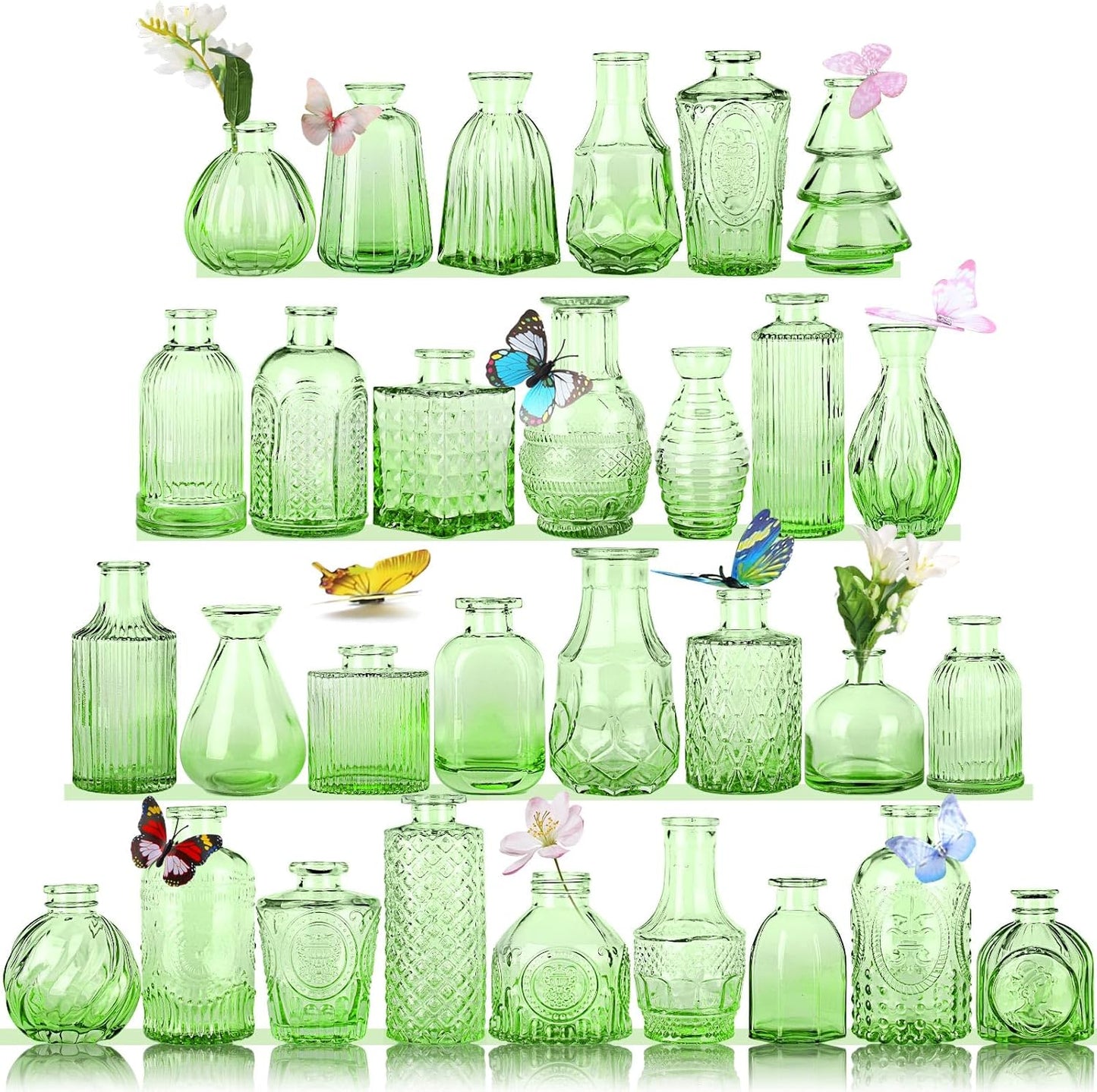 Charm Glass Bud Vases, Small Flower Vases in Bulk for Centerpieces, Vintage Mini Vases for Wedding Decor, Home Table Decorations Diffuse Bottles,Ideals (Pack of 30,Light Green)