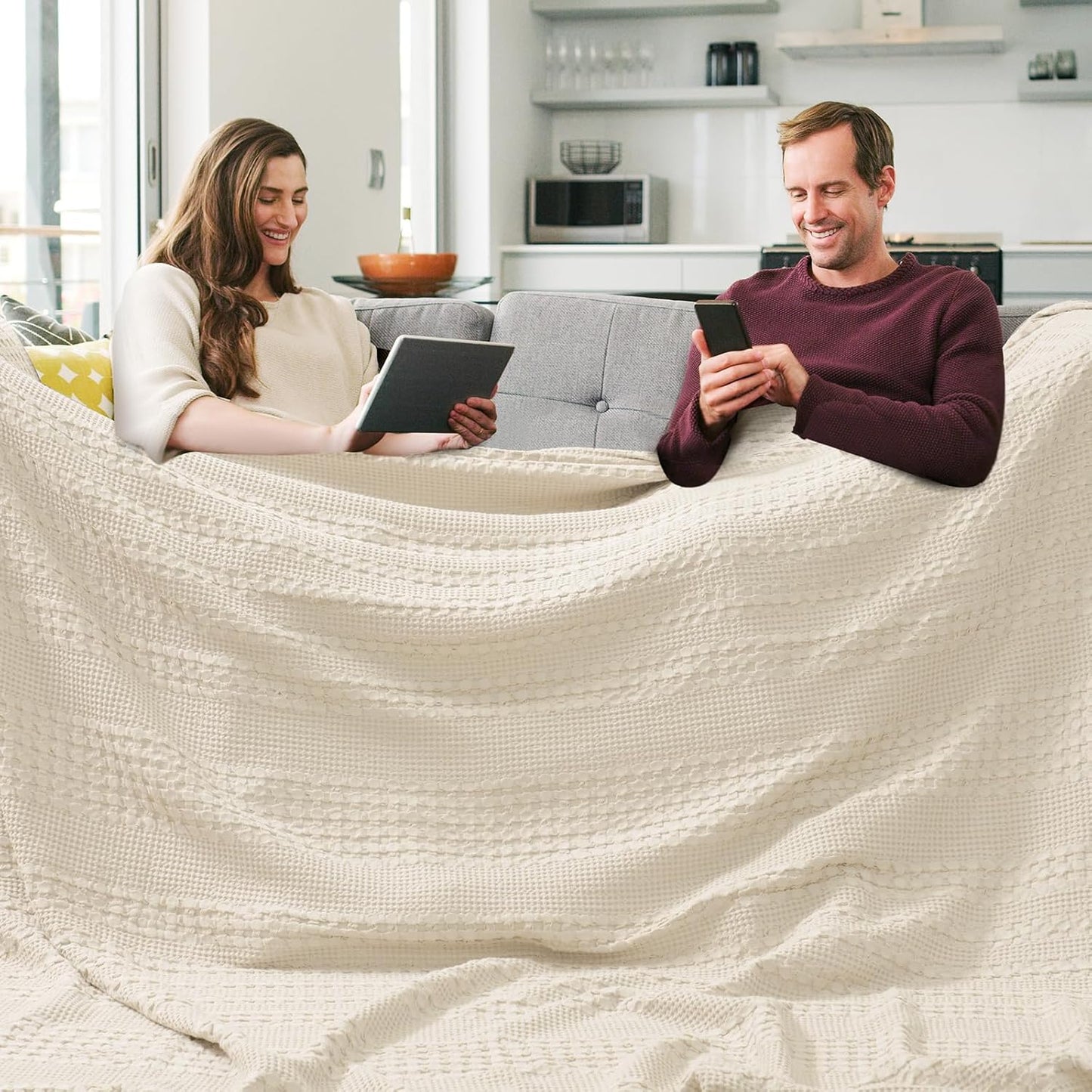 PHF 100% Cotton Waffle Blanket Oversized King 120"x120", Lightweight Breathable Extra Large 10'x10' Blankets for Bed, Giant Big Luxury Aesthetic Woven Bedding for Home Decor, Undyed