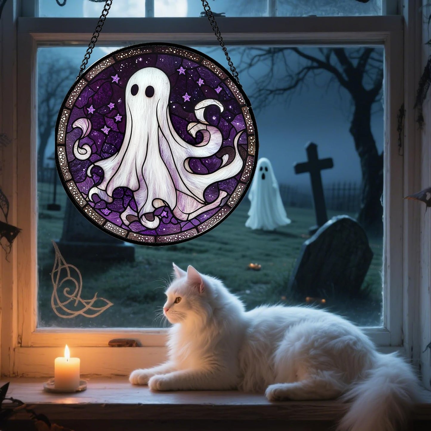 Stained Glass Window Hanging - Halloween Decorations White Ghost Purple Stars Suncatcher for Doors Garden Spooky Funny Sun Catchers Gothic Decor Horror Gifts for Women Men Friend 9.8 in