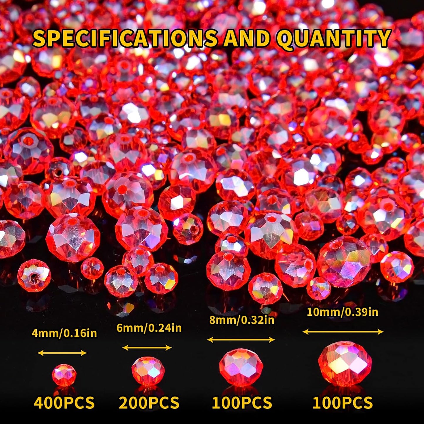 800Pcs 4/6/8/10mm Crystal Glass Beads for Jewelry Making Beads for Bracelets Necklace Pendants Making Supplies(Red)