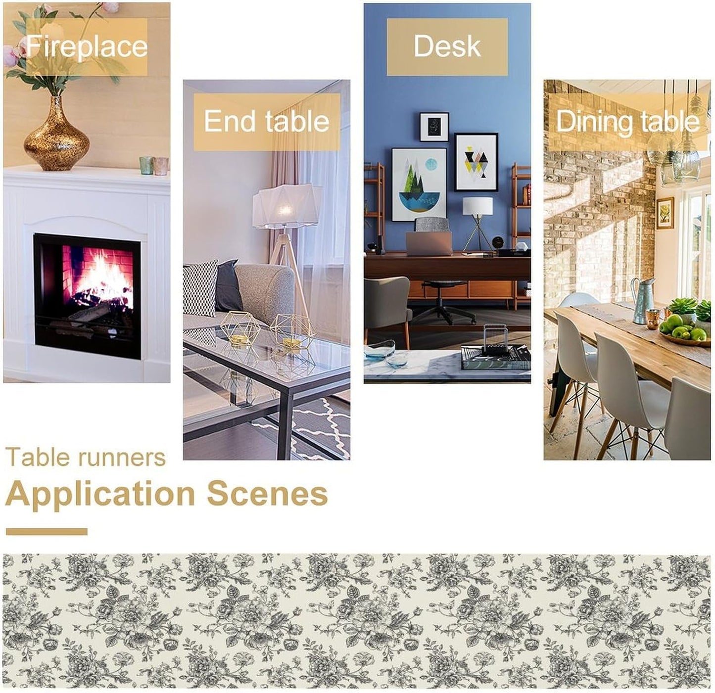 Vintage Flower Table Runner, Black White Wildfloral Floral Sketch Print Kitchen Dinning Table Runner for Indoor Outdoor Home Wedding Party Holiday, 13x120 Inch