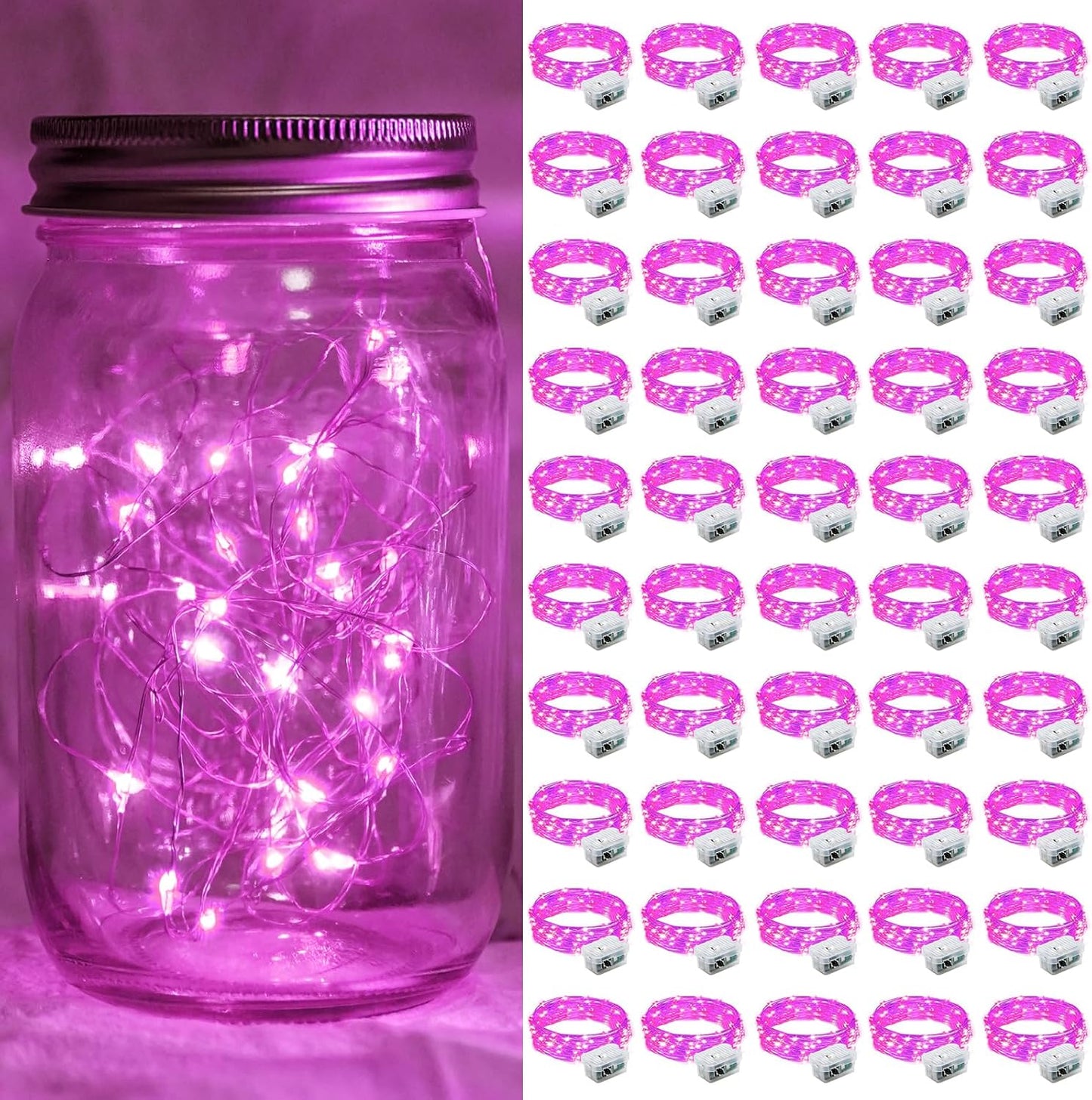 50 Pack Pink Fairy Lights 7Ft 20 LED Twinkle String Lights 3 Modes Battery Operated Waterproof Firefly Starry for Mason Jar Party Wedding Christmas Valentines Day Table Centerpieces