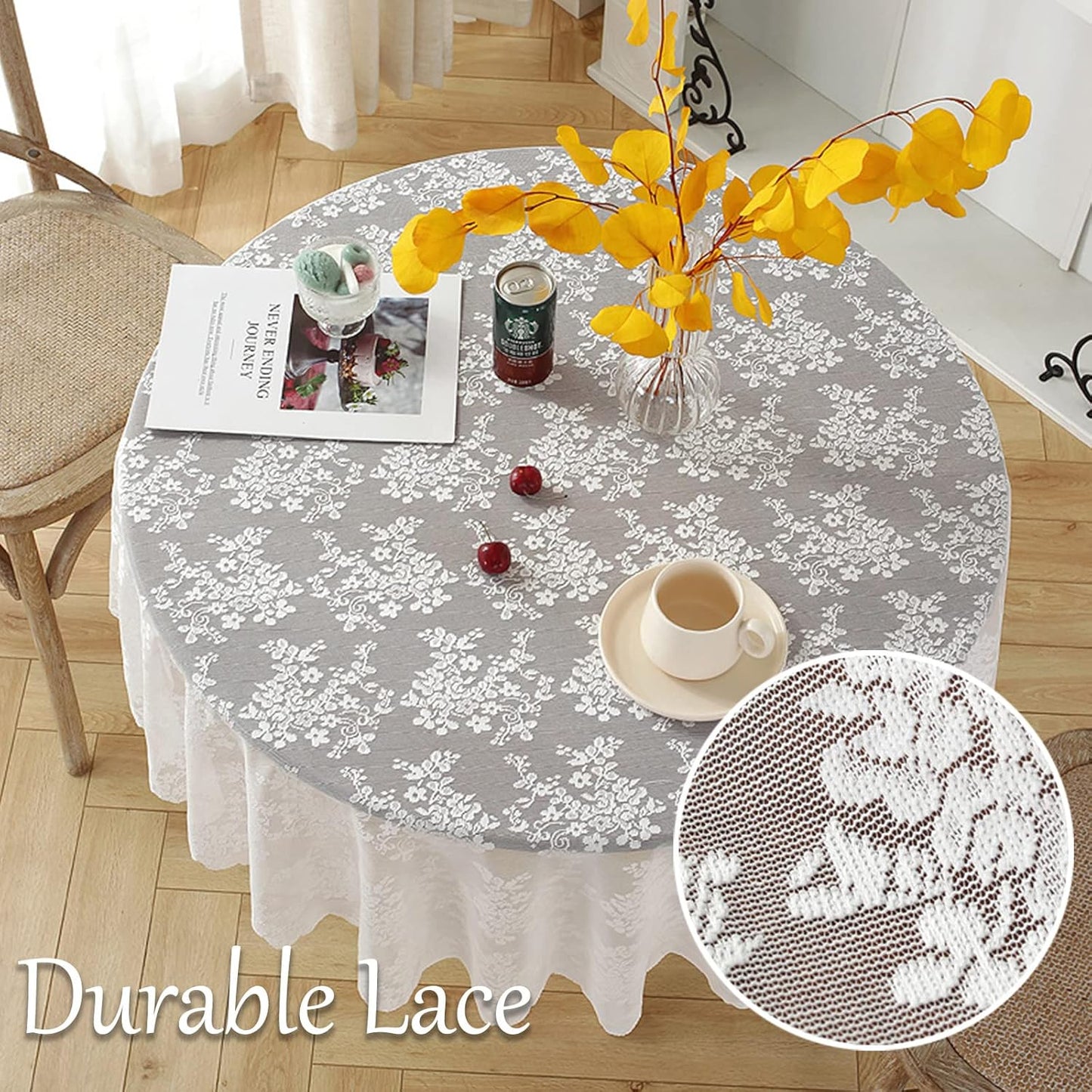 Jeloris Round Lace Tablecloth with Elegant Scalloped Bottom for Any Special Event Such as Wedding, Birthday Party, Baby Shower, Anniversary (70 inch, Style 1)