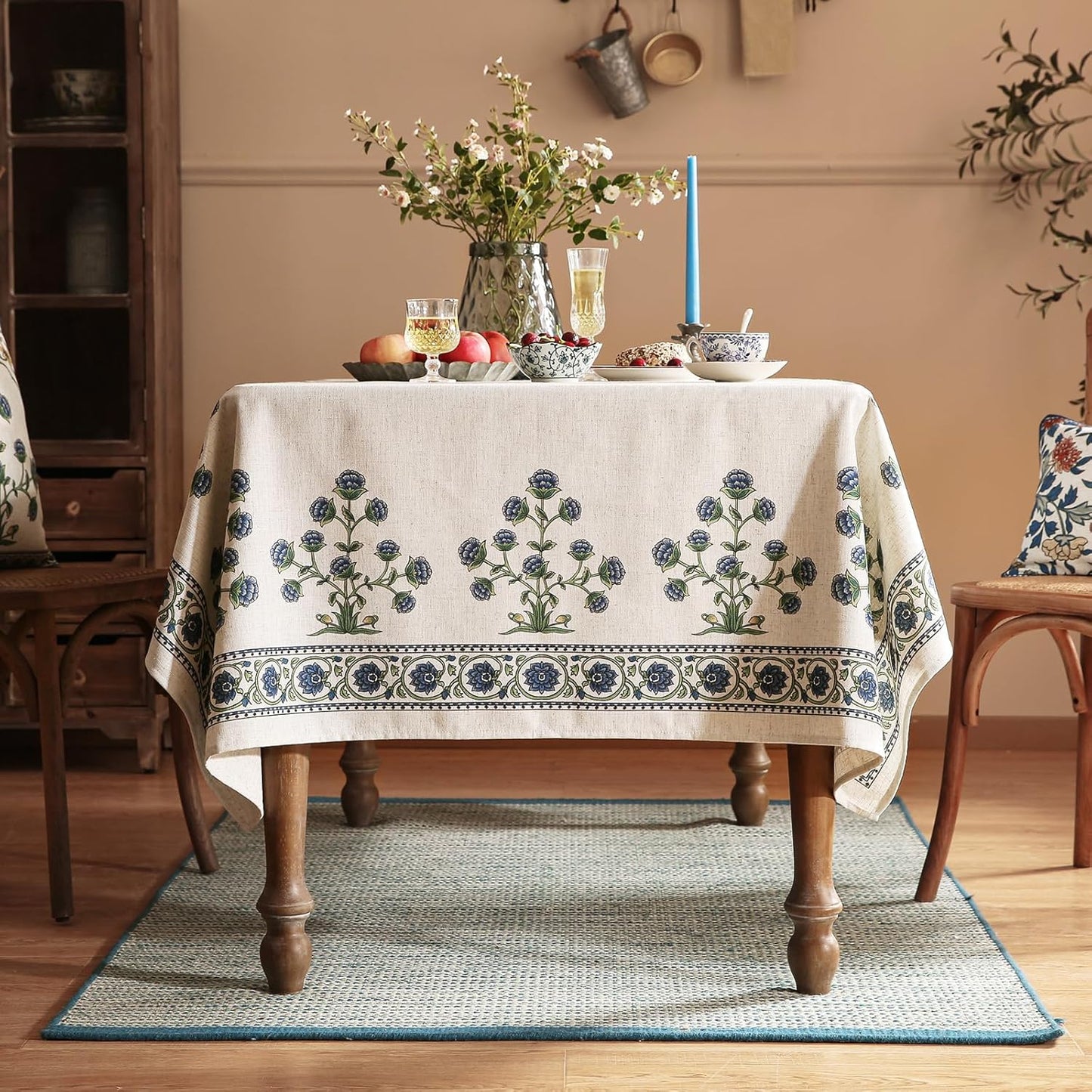 patdrea Designer Vintage Small Blue Rectangle Table Cloth,Linen Leaves Pattern Floral Tablecloth,Farmhouse Fall Table Cover for Kitchen Dining Christmas,Tea Party,Thanksgiving,55"x71"-Ivar B