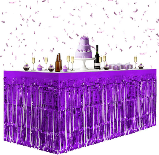 2 Pack Dark Purple Table Skirts, 29x108" Metallic Foil Tinsel Fringe Table Skirts for Rectangle Tables Streamer Curtains Backdrop, Party Decorations for Birthdays Weddings Holidays
