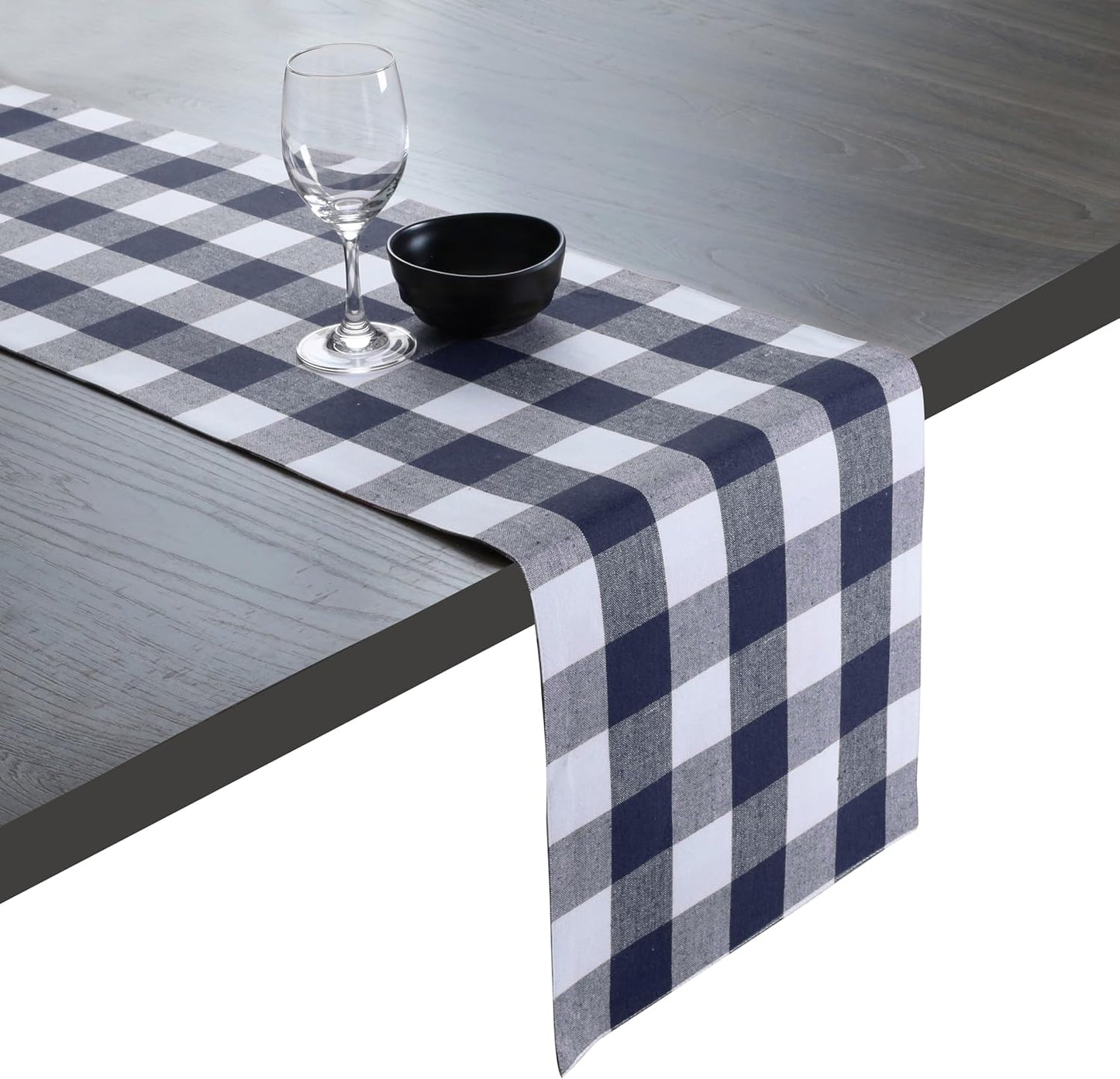 Native Fab Buffalo Check Table Runner, 100% Cotton, 13x108 Inches, Rustic Farmhouse Kitchen and Dining Décor, Perfect for Christmas, Winter, Weddings, Holiday Gatherings, Navy Blue & White