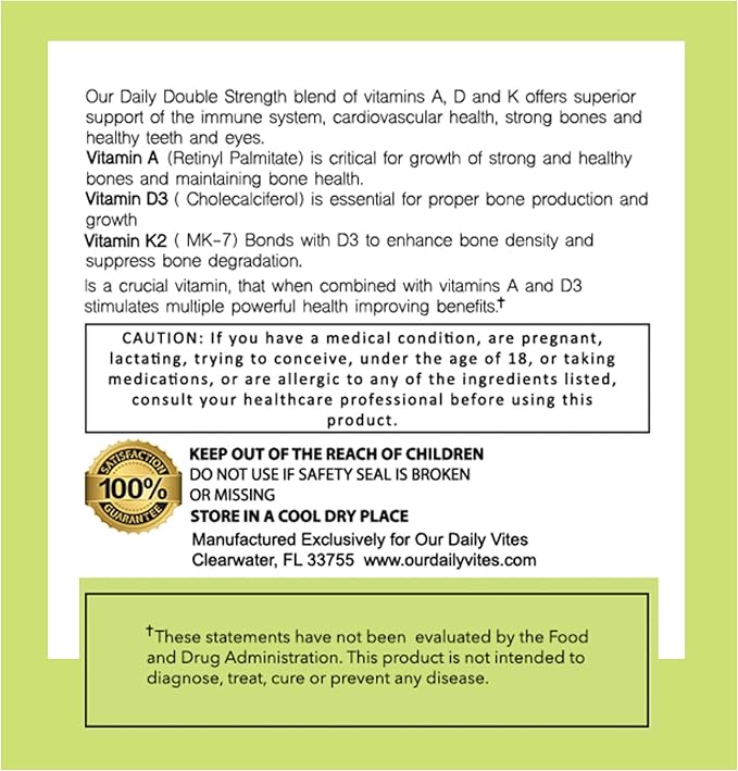 Our Daily Vites ADK 10 Double Strength (10,000 iu) Vitamins A1, D3 & K2 (as MK7) - Physician Formulated Bone & Immune System Support Supplement - Gluten Free, Non-GMO - 90 Vegetarian Capsules